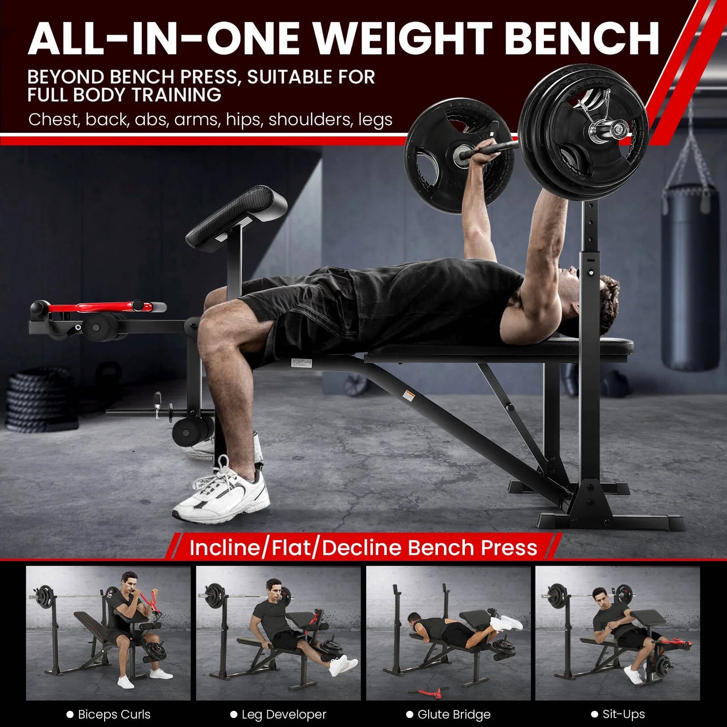 900LBS Olympic Weight Bench Set Adjustable Weight Bench with Barbell Rack, Preacher Curl, Leg Extension Multi-Purpose Workout Bench Set Full Body Strength Training