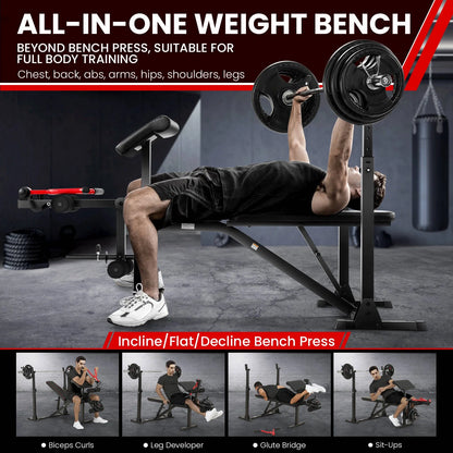 900LBS Olympic Weight Bench Set Adjustable Weight Bench with Barbell Rack, Preacher Curl, Leg Extension Multi-Purpose Workout Bench Set Full Body Strength Training