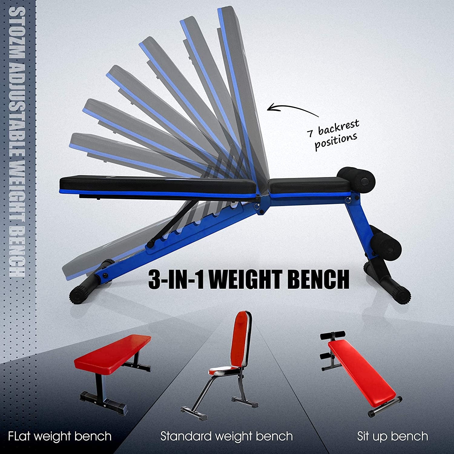 STOZM Adjustable Weight Bench / Utility Weight Bench with Foldable Design - Multi-Purpose Flat/Incline/Decline Bench for Home Gym (Cobalt) (UXT5)