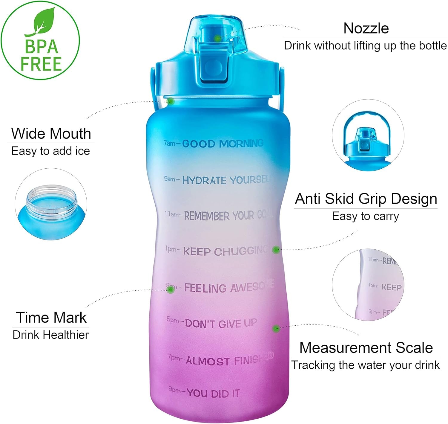 EYQ Half Gallon Water Bottle with Straw & Handle, Leakproof 64 Oz Motivational Sports Water Bottle with Time to Drink Ensure You Drink Enough Water for Indoor Outdoor Sports (Blue/Purple Gradient)