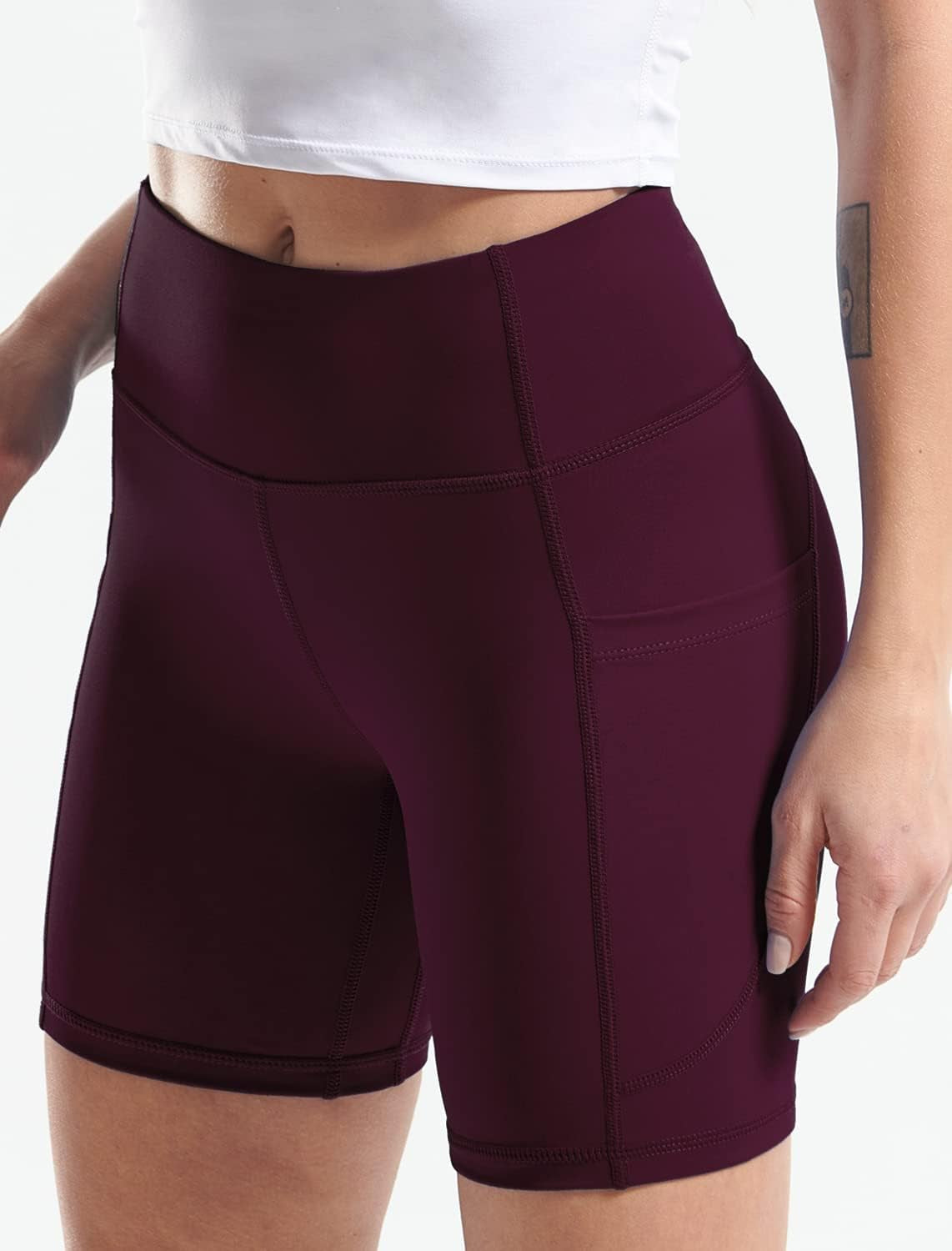 CADMUS High Waist Yoga Shorts for Women Workout Running Shorts Naked Feeling Biker Shorts Tummy Control Deep Pockets, Wine Red, XS