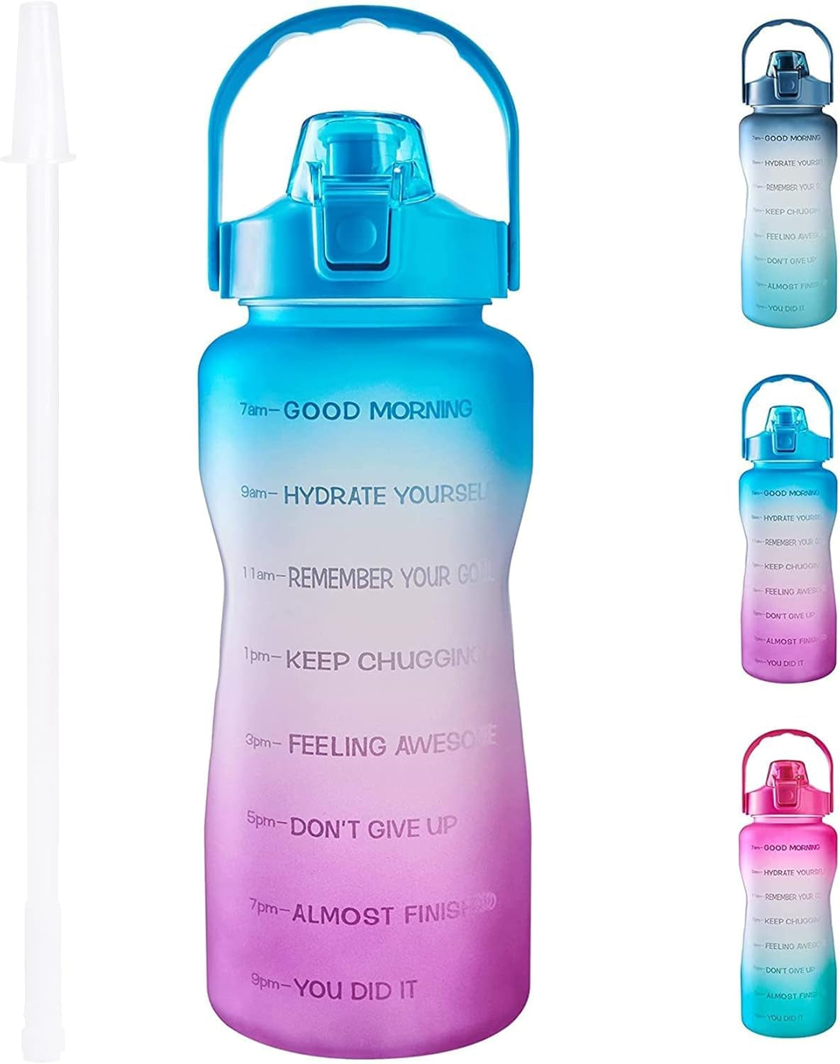 EYQ Half Gallon Water Bottle with Straw & Handle, Leakproof 64 Oz Motivational Sports Water Bottle with Time to Drink Ensure You Drink Enough Water for Indoor Outdoor Sports (Blue/Purple Gradient)