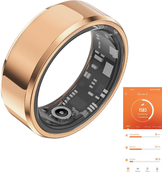 Fitness Tracker Smart Ring, Step Counter for Walking, Heart Rate Blood Oxygen Calorie Sleep Tracker Health Ring, IP68 Waterproof Design, Stainless Steel, 5-7 Days Battery Life(Rose Gold, US11)