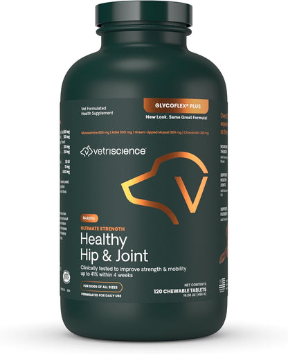 Vetriscience Ultimate Strength Healthy Hip & Joint Tablets, Glycoflex Glucosamine, Chondroitin & Green-Lipped Mussel Joint Support Supplement for Dogs, Soothe Joint Discomfort, 120 Chewable Tablets