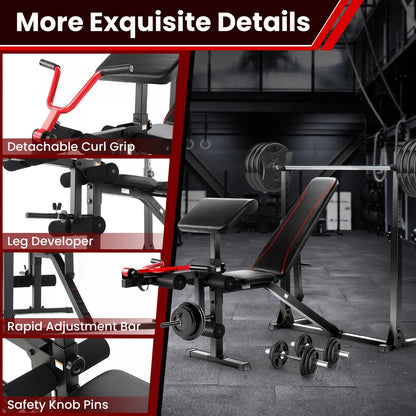 900LBS Olympic Weight Bench Set Adjustable Weight Bench with Barbell Rack, Preacher Curl, Leg Extension Multi-Purpose Workout Bench Set Full Body Strength Training