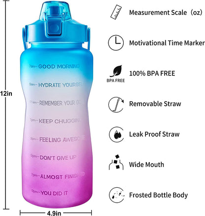 EYQ Half Gallon Water Bottle with Straw & Handle, Leakproof 64 Oz Motivational Sports Water Bottle with Time to Drink Ensure You Drink Enough Water for Indoor Outdoor Sports (Blue/Purple Gradient)