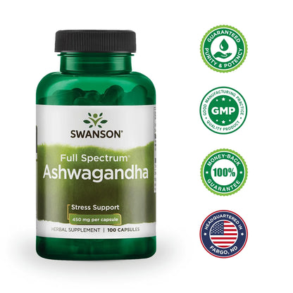Swanson Ashwagandha Powder Supplement-Ashwagandha Root Supplement Promoting Stress Relief & Energy Support-Ayurvedic Supplement for Natural Wellness (100 Capsules, 450Mg Each)