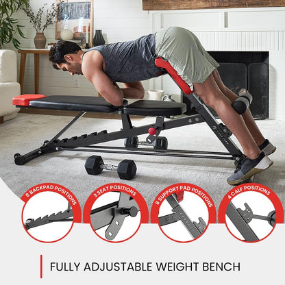 Finer Form Multi-Functional FID Weight Bench for Full All-In-One Body Workout – Hyper Back Extension, Roman Chair, Adjustable Ab Sit up Bench, Incline Decline Bench, Flat Bench