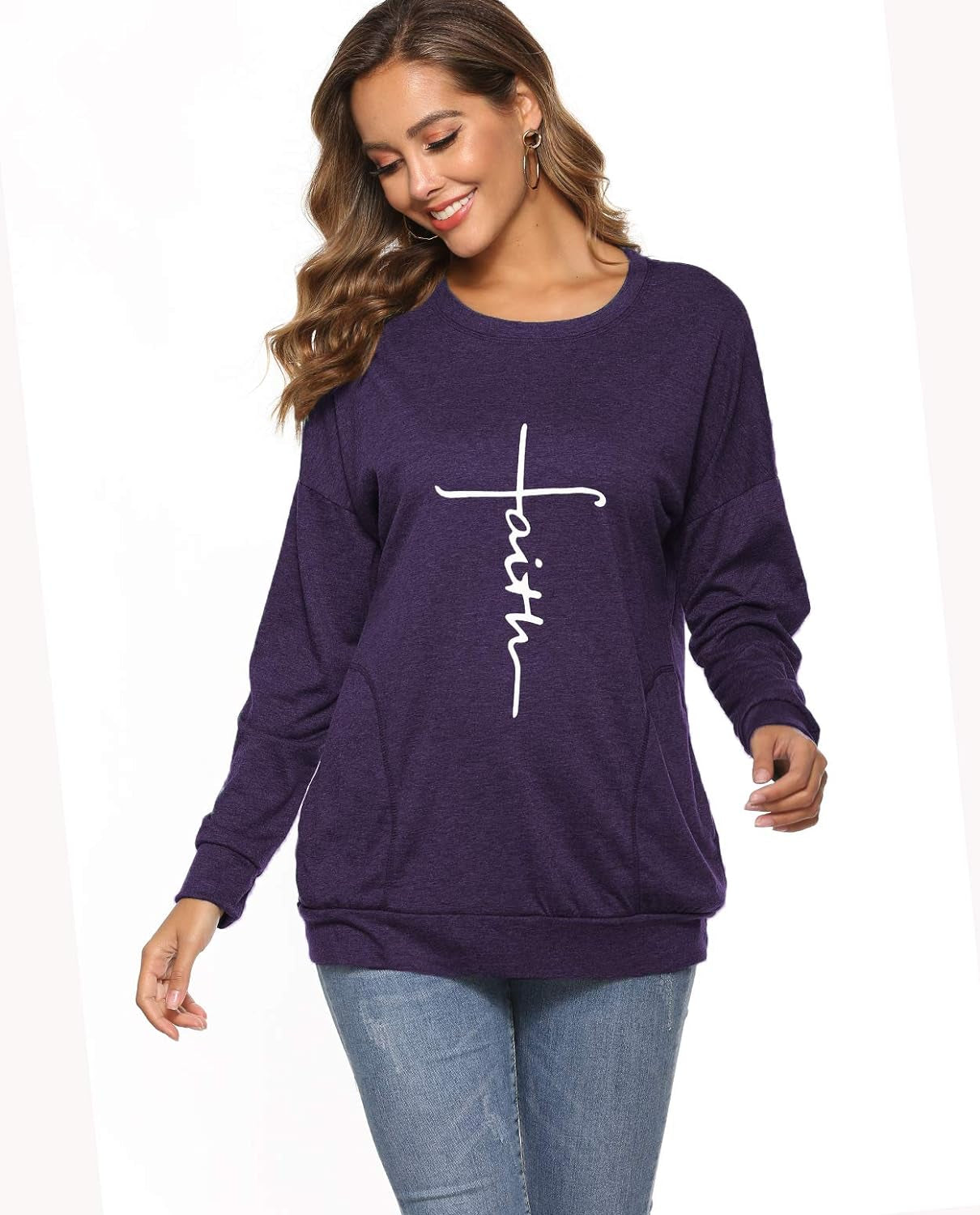 Mansy Women'S Faith Sweatshirt Loose Fit Long Sleeve Crewneck Christian Letter Print Tunic Tops with Pocket