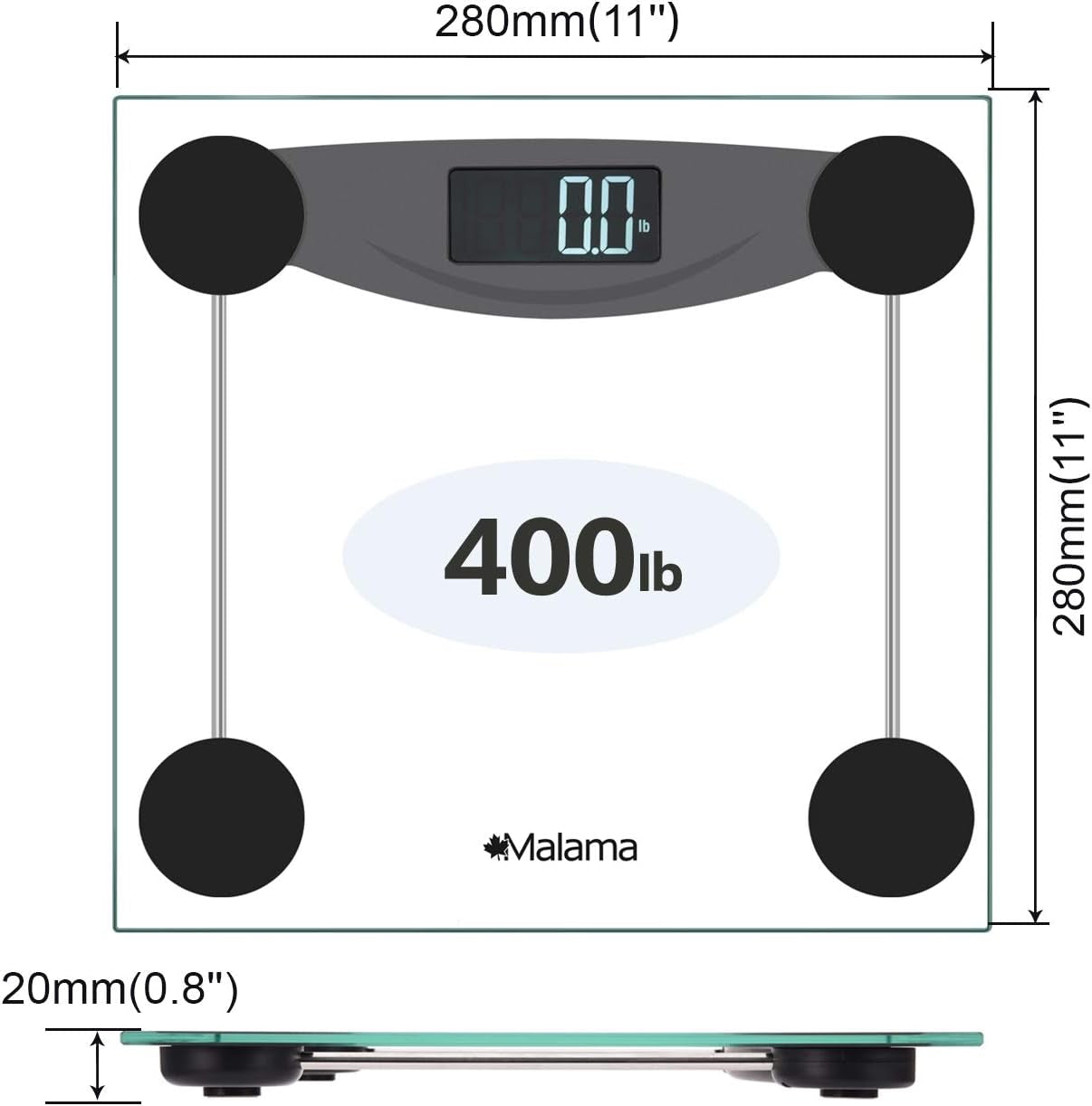 Malama Digital Body Weight Bathroom Scale, Weighing Scale with Step-On Technology, LCD Backlit Display, 400 Lbs Accurate Weight Measurements, Black