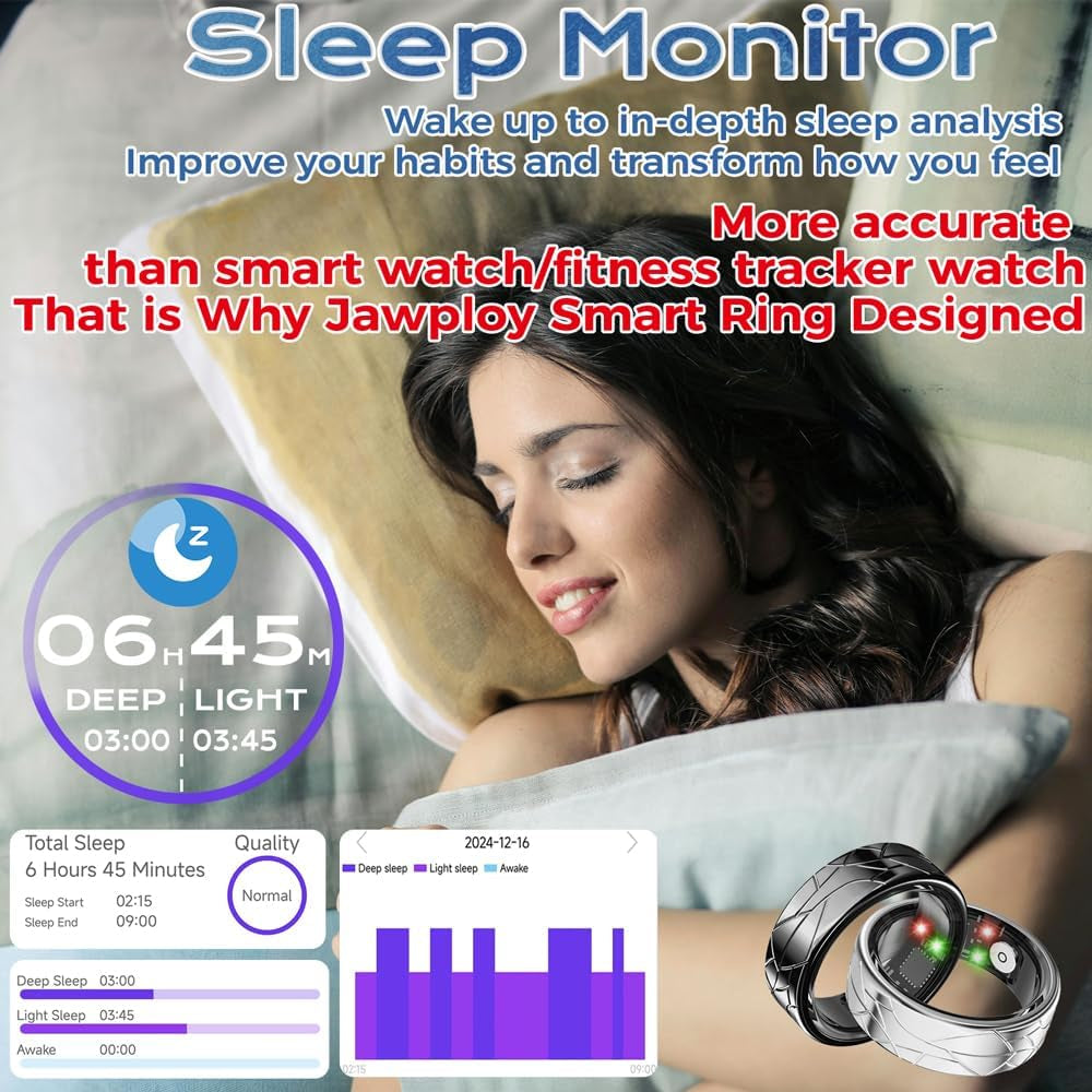 Smart Ring Fitness Tracker Sleep Tracking Heart Rate Monitor Pedometer, Waterproof Activity Tracker Fitness Ring Steps Counter, Gesture Controls for Short Video, 8 Days Battery Life, Silver, #12