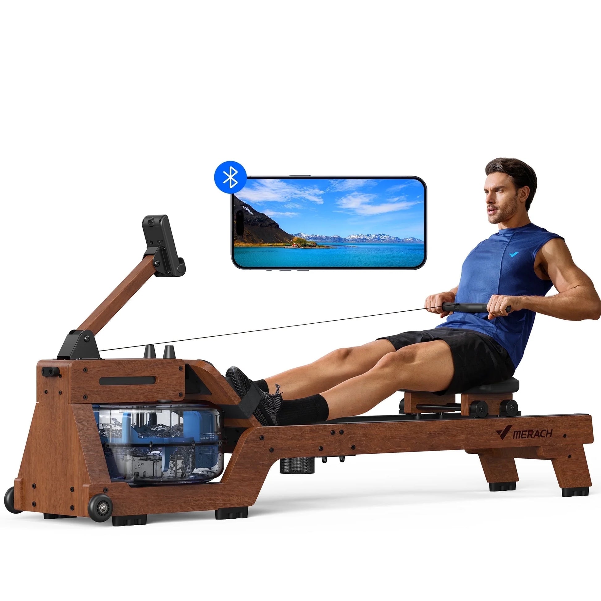 Water Rowing Machine for Home Use Solid Wood Rower with Pro Monitor,Newly Upgraded Seat Cushion,Easy Assembly, Bluetooth,App,Max 330Lb