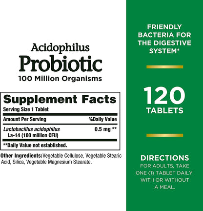 Nature'S Bounty Lactobacillus Acidophilus Probiotic Supplement - Daily Probiotic for Women/Men Digestive Health, 120 Tablets