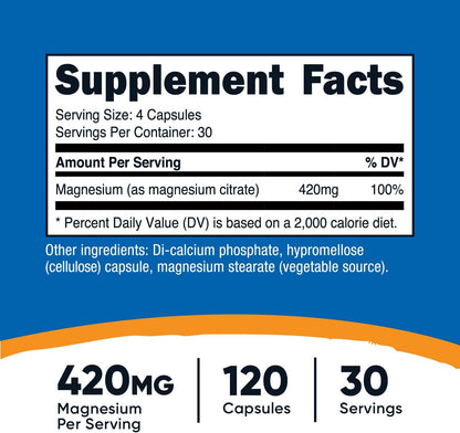 Nutricost Magnesium Citrate 420Mg, 120 Veggie Capsules - 30 Servings, Gluten Free, Non-Gmo Supplement