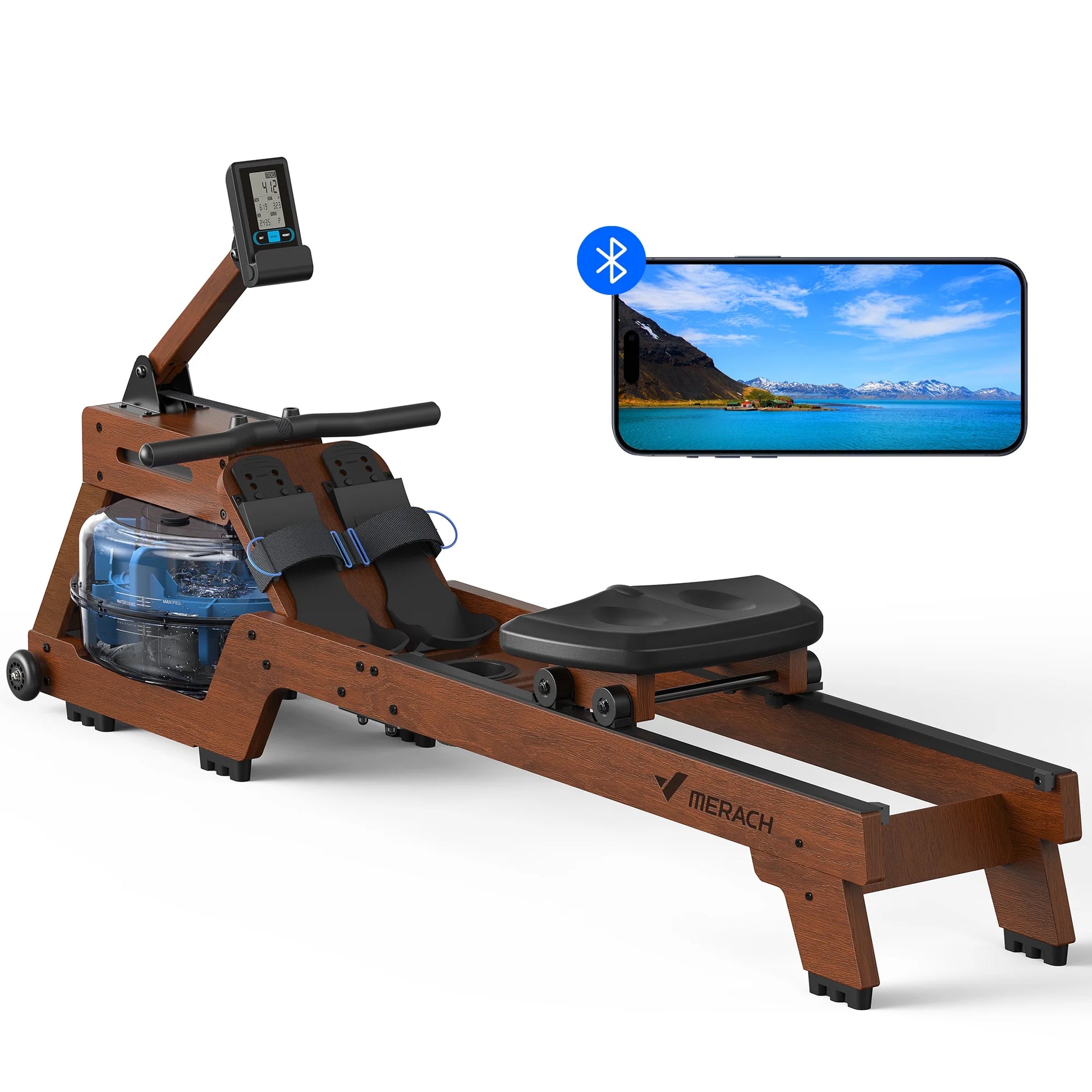 Water Rowing Machine for Home Use Solid Wood Rower with Pro Monitor,Newly Upgraded Seat Cushion,Easy Assembly, Bluetooth,App,Max 330Lb