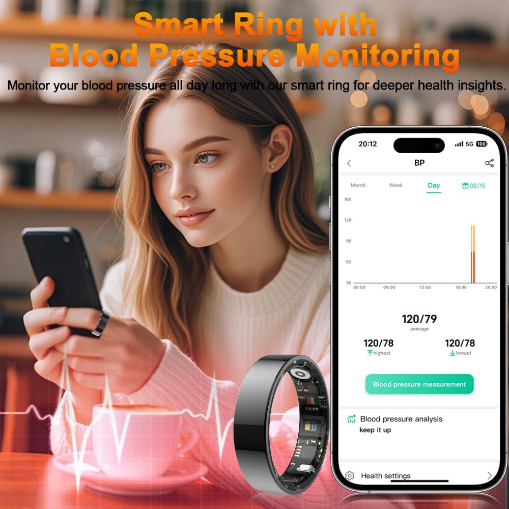 2025 Smart Ring Health Tracker with Blood Pressure Monitor, IP68 Waterproof Health Ring for Blood Oxygen Heart Rate Spo2 Sleep Monitor, Bluetooth Connect Fitness Ring for Multi-Sports Tracking